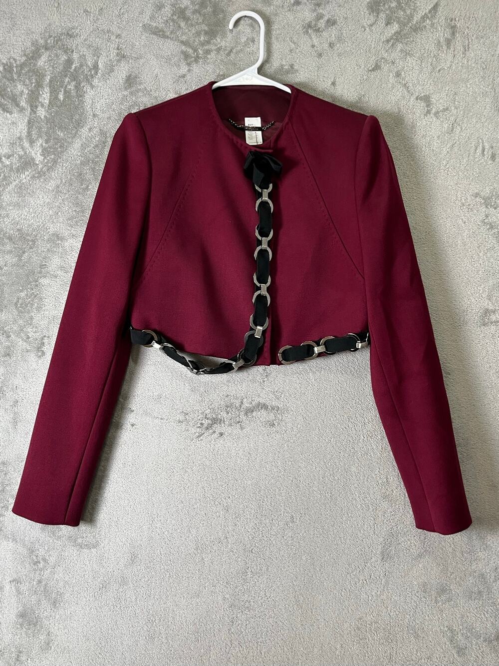 Les Copains Women’s Burgundy Cropped Wool Blend Chain Trim Jacket Blazer US 6